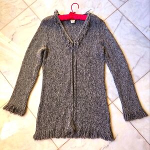 Women's grey sweater jacket. Size PS. Has fringes on all edges. Great for Fall!